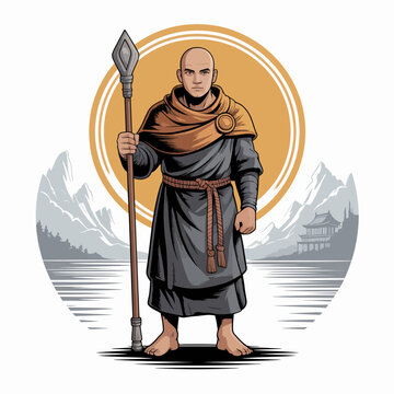 Bald man in monk robes standing.