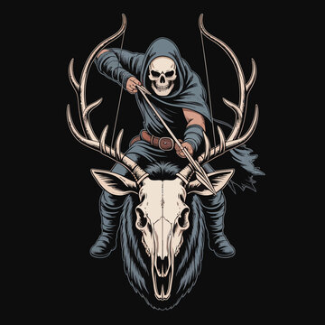 Hooded skeleton riding deer skull beast.
