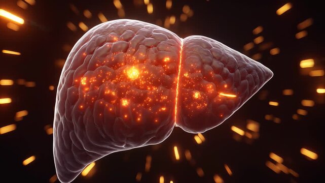 Pulsating human liver with glowing internal cells and dynamic streaks of light, close-up view, symbolizing health, vitality, and internal energy
