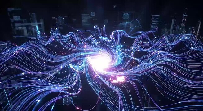 Abstract futuristic quantum computing core with glowing neon light particles