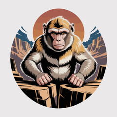 Monkey sitting on wooden logs looking. © Santi