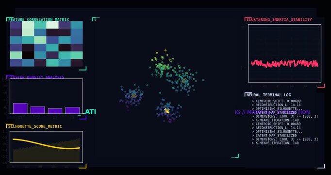 Futuristic AI Machine Learning HUD Interface with Unsupervised Clustering Visualization, Neural Data Analytics Dashboard, 4K Sci-Fi Technology Motion Background