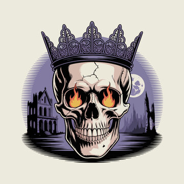 Skull wearing a crown with fire.