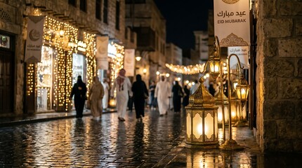 Obraz premium Traditional lanterns illuminating a historic street during eid mubarak 