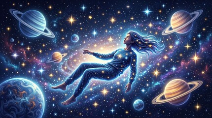 Fototapeta premium Woman floating among planets in cosmic starfield outer space backdrop