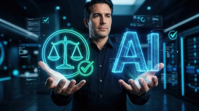 Responsible AI governance framework concept featuring digital artificial intelligence and justice scale symbols.