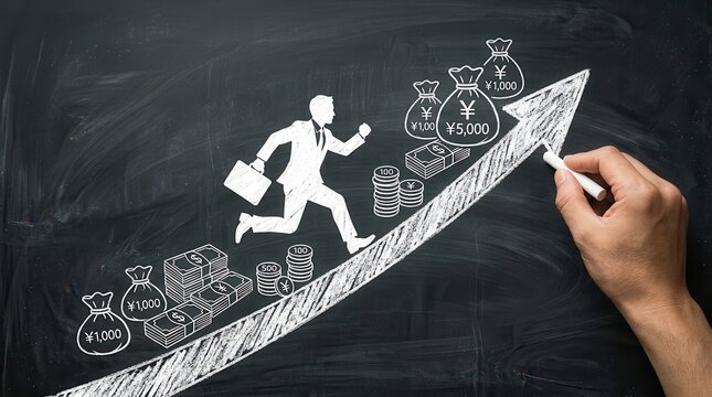 Concept of salary and savings increase featuring a businessman climbing a rising arrow drawn on a blackboard.