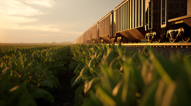 Long freight train with cargo cars moves through a rural agricultural field at beautiful sunset or sunrise light, showing transport and industry