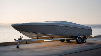 Covered speed boat on a trailer parked beside a tranquil lake at sunset, ready for transport or storage, serene and calm atmosphere