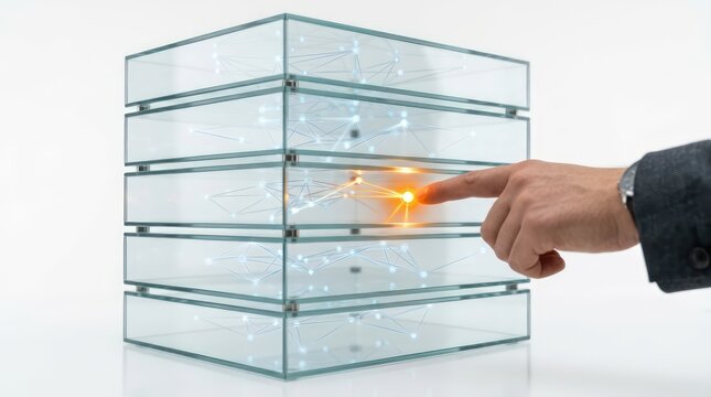 Stacked Glass Enterprise System Layers With Finger Selecting Orange Bottleneck Node for Orchestration Technology Background