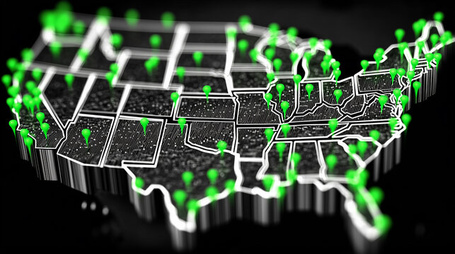 A United States map with location pins representing national coverage, regional distribution, market expansion, logistics planning, and geographic data analysis.
