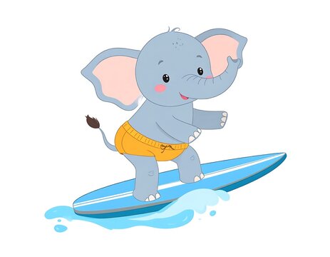 A playful, cartoon elephant with big ears and tiny shorts enjoys surfing on a blue surfboard. The scene features playful water splashes
