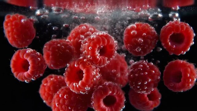 Fresh red raspberries with water droplets on black background