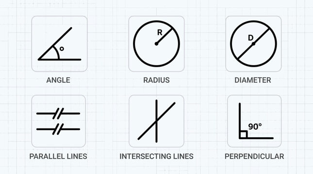 Math Geometry Educational Diagrams of Angle Radius Lines and Diameter