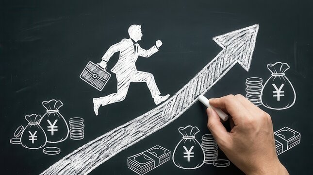 Financial growth concept with a businessman climbing a money hill on a chalkboard.