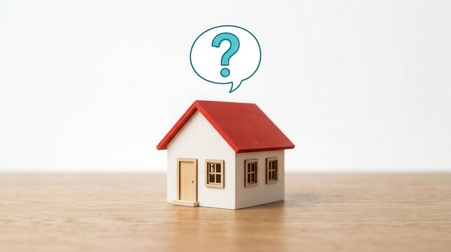 A wooden desk with a miniature house and a drawn question mark in a thought balloon.