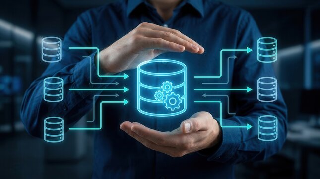 A professional engineer managing data migration and database transformation through a digital interface.