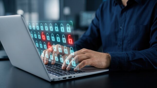 A professional performing security vulnerability assessment and network monitoring on a laptop.
