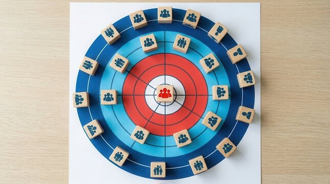 Target audience identification concept featuring customer people icons on a blue bullseye background.