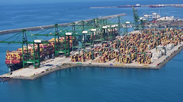 Observing container logistics at a major port with shipping congestion affecting global supply chain operations