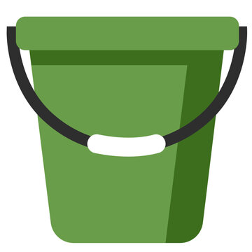 Green plastic bucket with black handle for beach or garden use.