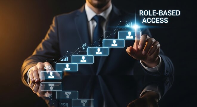 Business professional interacting with a futuristic digital interface displaying a rising graph and icons representing roles for role-based access control and authorization.
