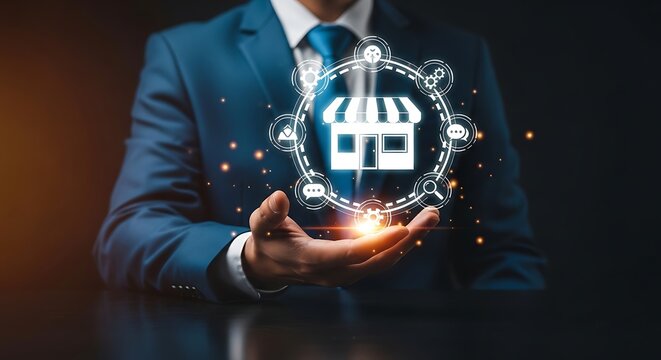 Businessman holding a digital franchise concept with store icon surrounded by service icons, representing business expansion and network growth
