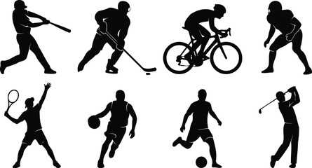 Fototapeta premium Sports Silhouettes Set with Athletes Playing Baseball Hockey Cycling Football Tennis Basketball Soccer and Golf