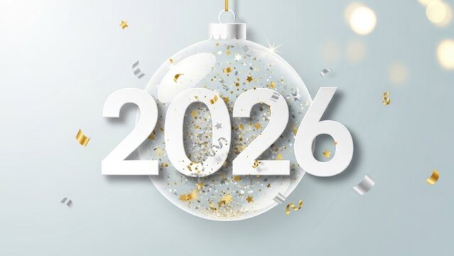 New Year 2026 celebration with glittering number on light background and confetti