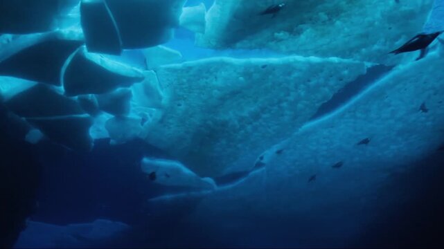 Colony of emperor penguins swimming in the cold blue ocean water near a massive iceberg