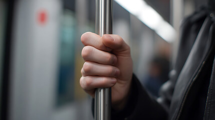Obraz premium Commuter's hand firmly grips a silver pole inside train car, supporting balance during public transport travel, focus on passenger safety