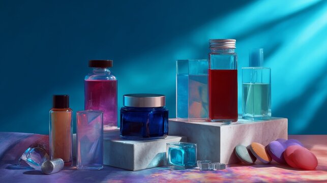 Colorful cosmetic containers with dramatic neon lighting