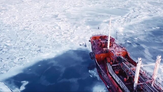 Powerful icebreaker vessel crushing heavy ice while sailing through the frozen Arctic sea