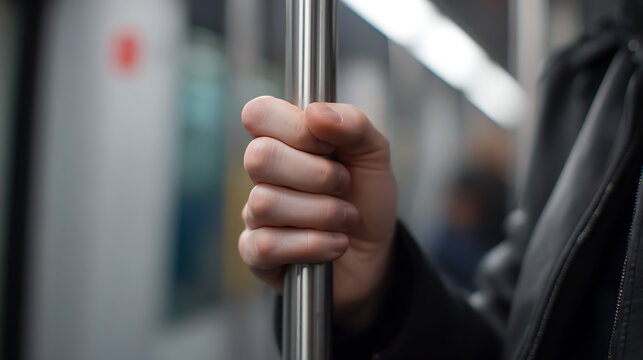 Commuter's hand firmly grips a silver pole inside train car, supporting balance during public transport travel, focus on passenger safety