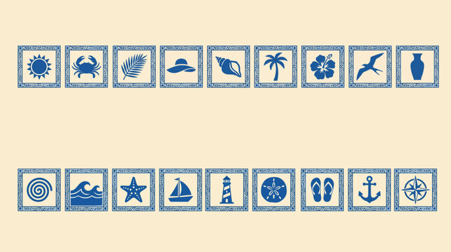 Blue outline stamp-style icon set featuring travel, nature, and everyday objects in a vintage row design for branding, UI, and illustrations