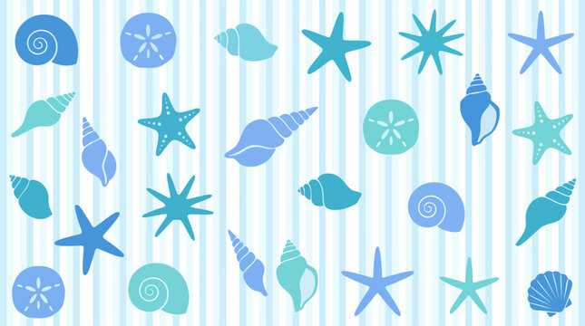 Pastel sea shells and starfish pattern on a striped aqua backdrop for coastal decor and beach-themed designs