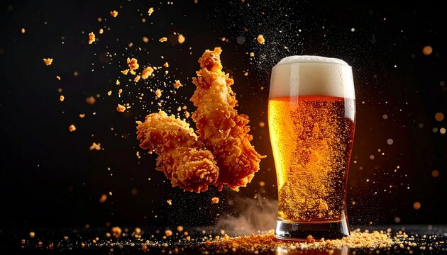 黒背景の空間に浮かぶ冷えた生ビールと揚げたての鶏の唐揚げのスプラッシュシチュエーション