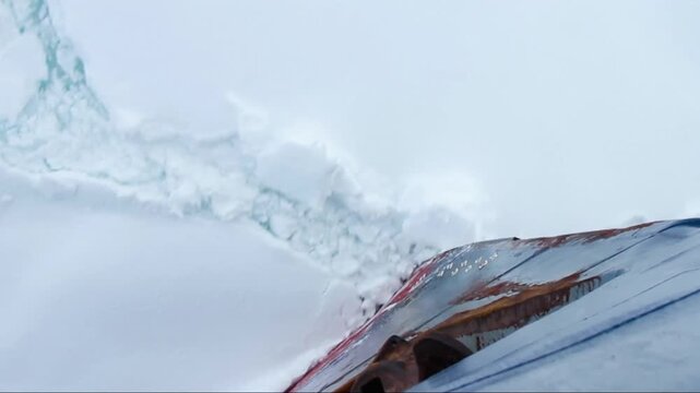 Powerful icebreaking vessel crushing and breaking through thick sea ice in the frozen north