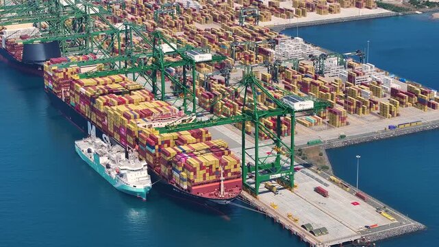 Container ships dock at port for cargo unloading as supply chain disruptions increase worldwide
