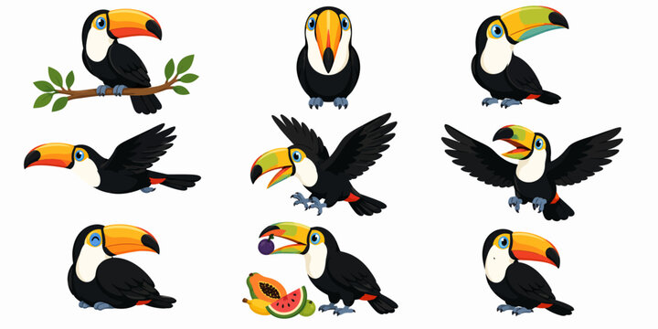 Toucans are eating fruits and perched on branches in tropical rainforest trees