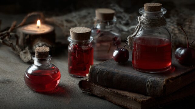 Dark Apothecary Bottles With Red Herbal Liquid