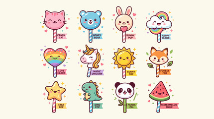 Fototapeta premium Kawaii Lollipop Cartoon Character Set – Cute Named Animal and Shape Candy with Cat, Bear, Bunny, Unicorn, Fox, Panda, Dinosaur, Star, Heart, Sun, Cloud and Watermelon Isolated on White