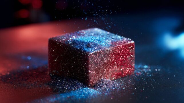 Glitter Covered Cube with Dramatic Neon Lighting