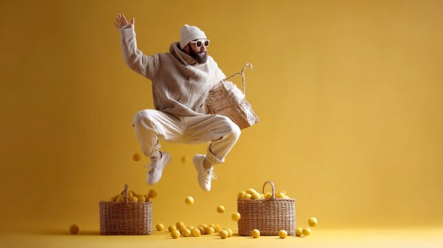 Stylish Shopper Jumping on Bright Yellow Background