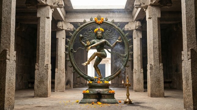 Nataraja bronze statue of shiva performing the cosmic tandava inside an ancient hindu temple, framed by stone columns and ritual offerings symbolizing creation and destruction