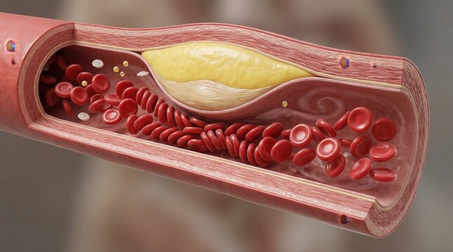 Human artery with a large cholesterol plaque building up inside, restricting blood flow and presenting a risk of vascular disease, showing red blood cells passing through the constricted vessel