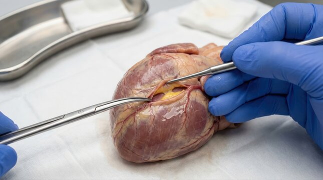 Surgeon's gloved hands carefully dissecting a human heart specimen with medical instruments on a sterile white cloth, representing anatomy, cardiology, and research in healthcare