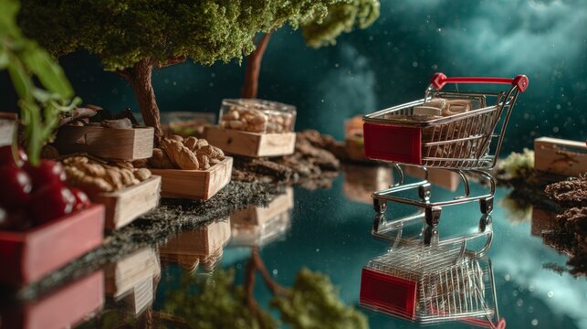 Miniature Shopping Cart in Fantasy Nature Landscape