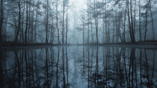 Misty Forest Reflection in Calm Water