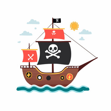 Cartoon Pirate Ship with Jolly Roger Flag Sailing on the Sea